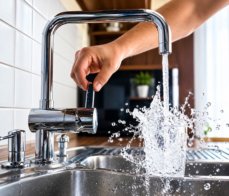 A close-up of a running kitchen faucet highlights the importance of reliable plumbing repairs and maintenance.
