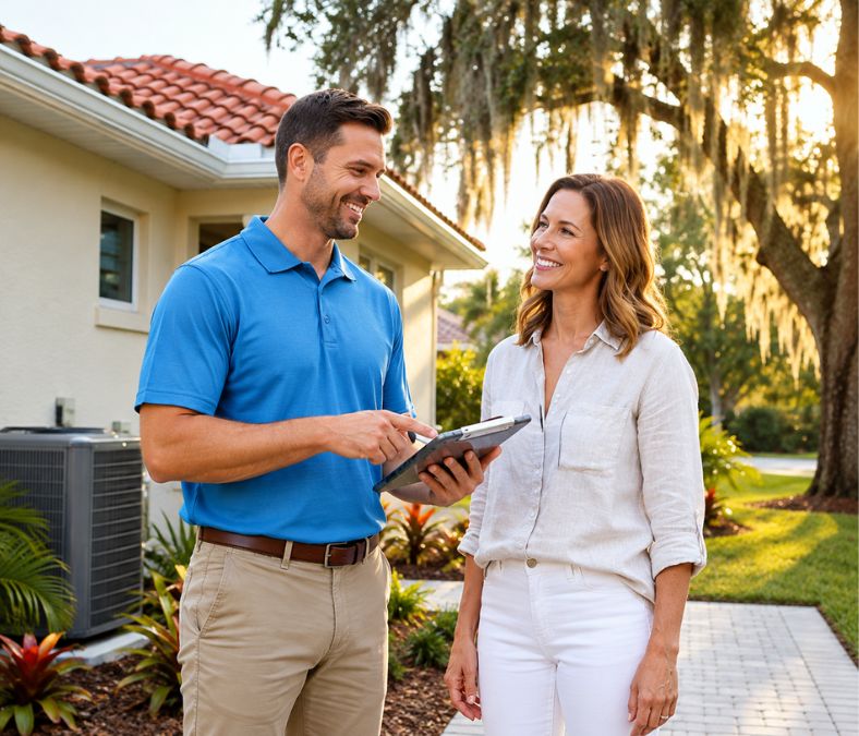 HVAC technician discussing air conditioning service options with a Florida homeowner