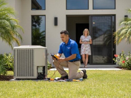 HVAC technician inspecting an outdoor AC unit for a Winter Haven plumber service call