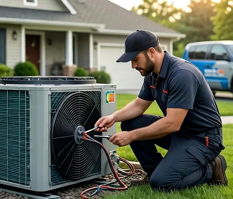 HVAC technician inspecting residential heating equipment and electrical components