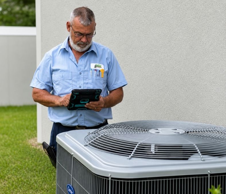 HVAC technician performing a diagnostic check on a Lakeland air conditioning unit