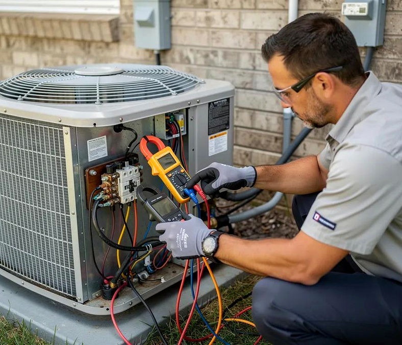 HVAC technician performing indoor heating and cooling diagnostics during a repair visit