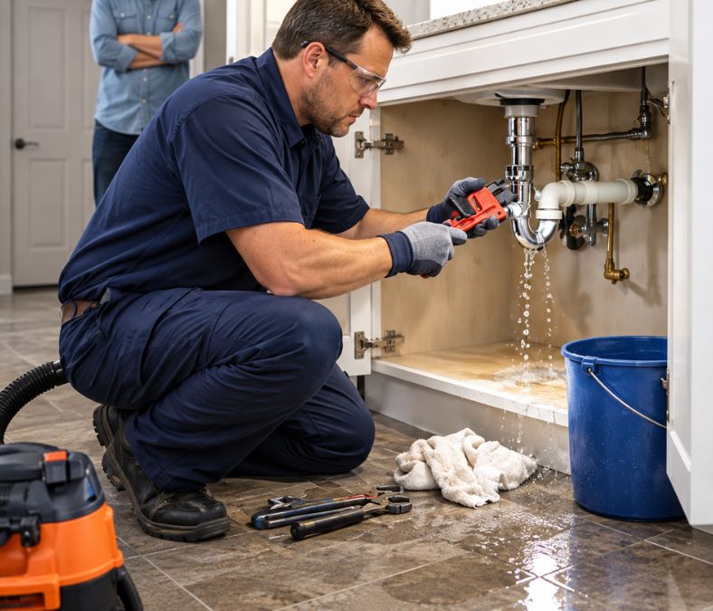 Plumber diagnosing a residential plumbing problem before repair in Lakeland, FL