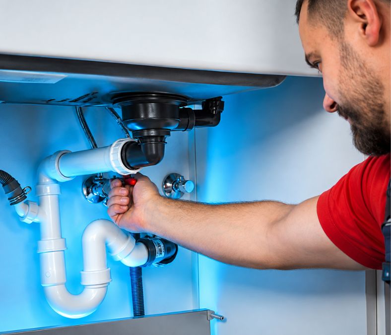 Plumber repairing under-sink pipes during plumbing in Davenport